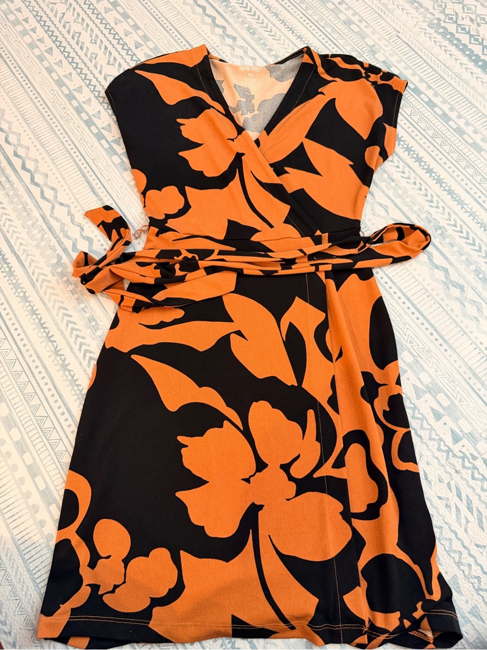 Nine West Black and Orange Floral Wrap Dress